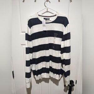 Tommy Hilfiger Sweater Mens Large White Stripe Crew Neck Knit Pullover Logo